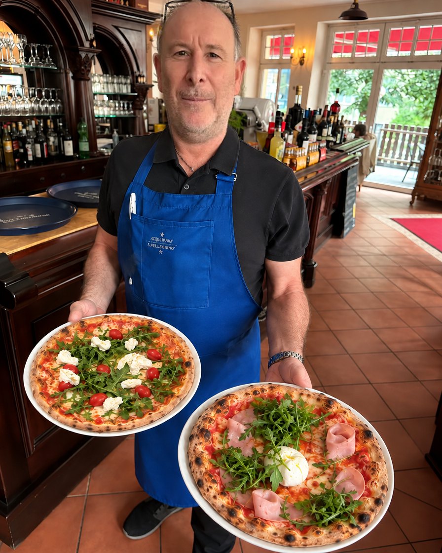 Gastgeber im Bel Mondo mit zwei Steinofenpizzen